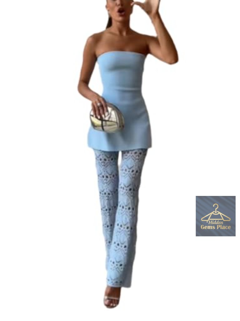 Knit 2 Piece Set Off Shoulder Top Floral Hollow Out Straight Leg Pants Travel